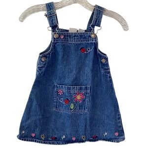 Girls 4T Denim Jumper Dress Embroidered Ladybug Flower Hearts Blue Overall